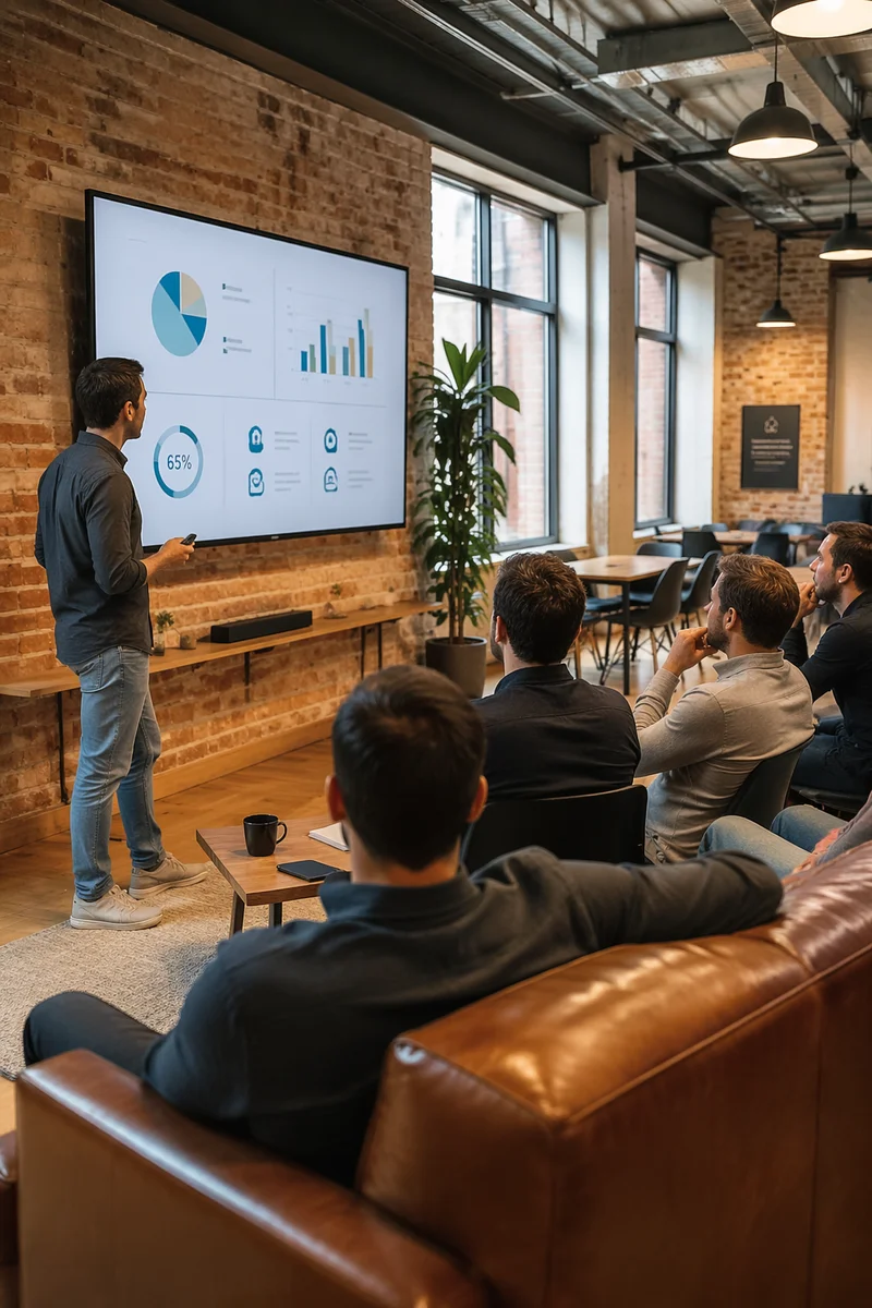 Startup Pitch Presentation in Modern Loft Office