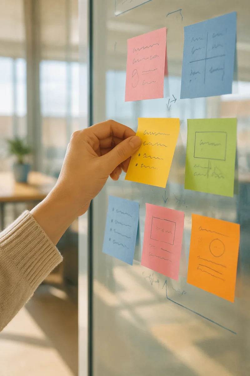 Colorful Sticky Notes on Glass Planning Wall