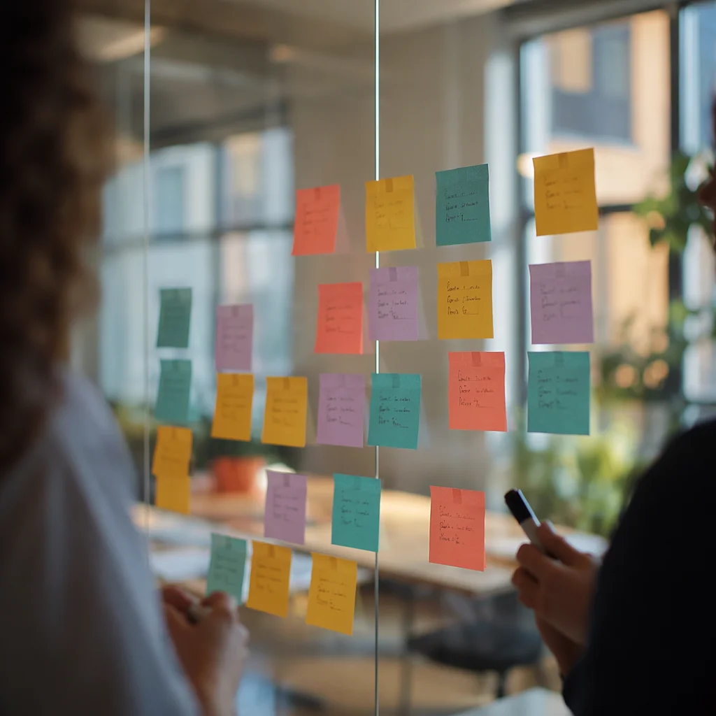 Colorful Sticky Notes on Glass Planning Wall