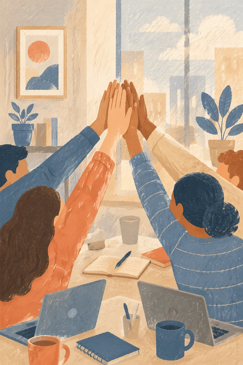 Team High Five in Bright Modern Office