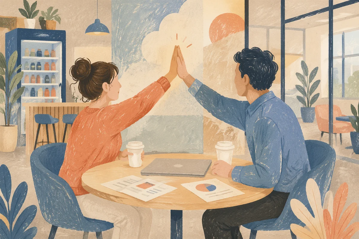 Coworkers High Five in Modern Office Café