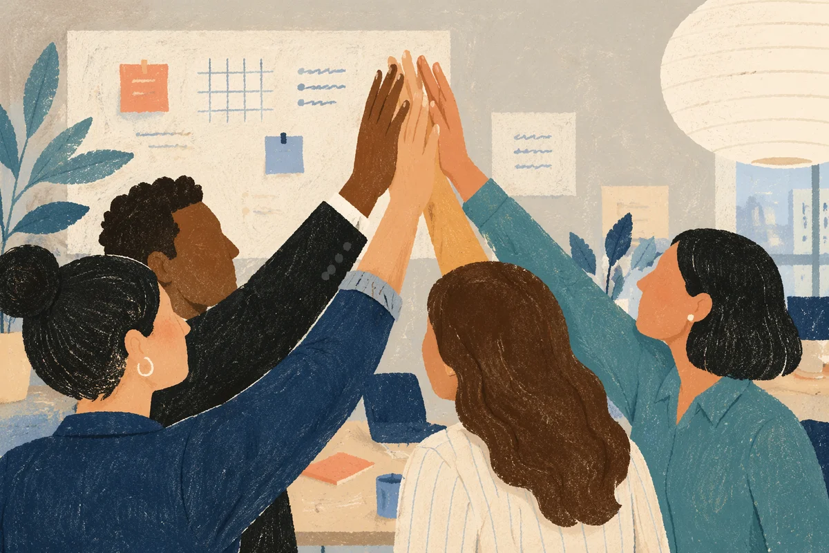 Office Team High Five Celebration Scene