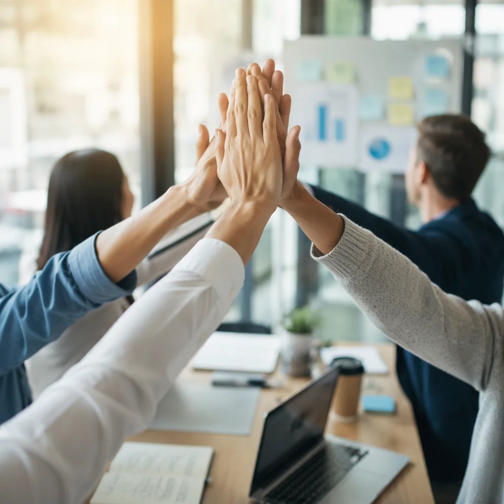 Team High Five in Modern Office