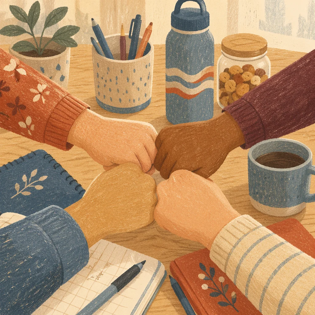 Overhead Team Hands in Workplace Unity