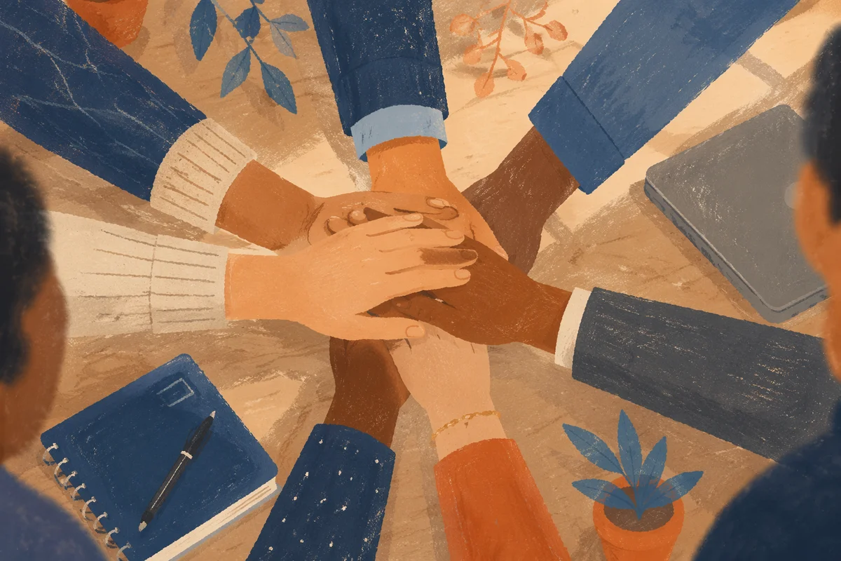 Overhead Team Hands Unity in Modern Office