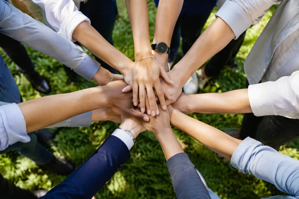 Diverse Team Hands United on Green Grass