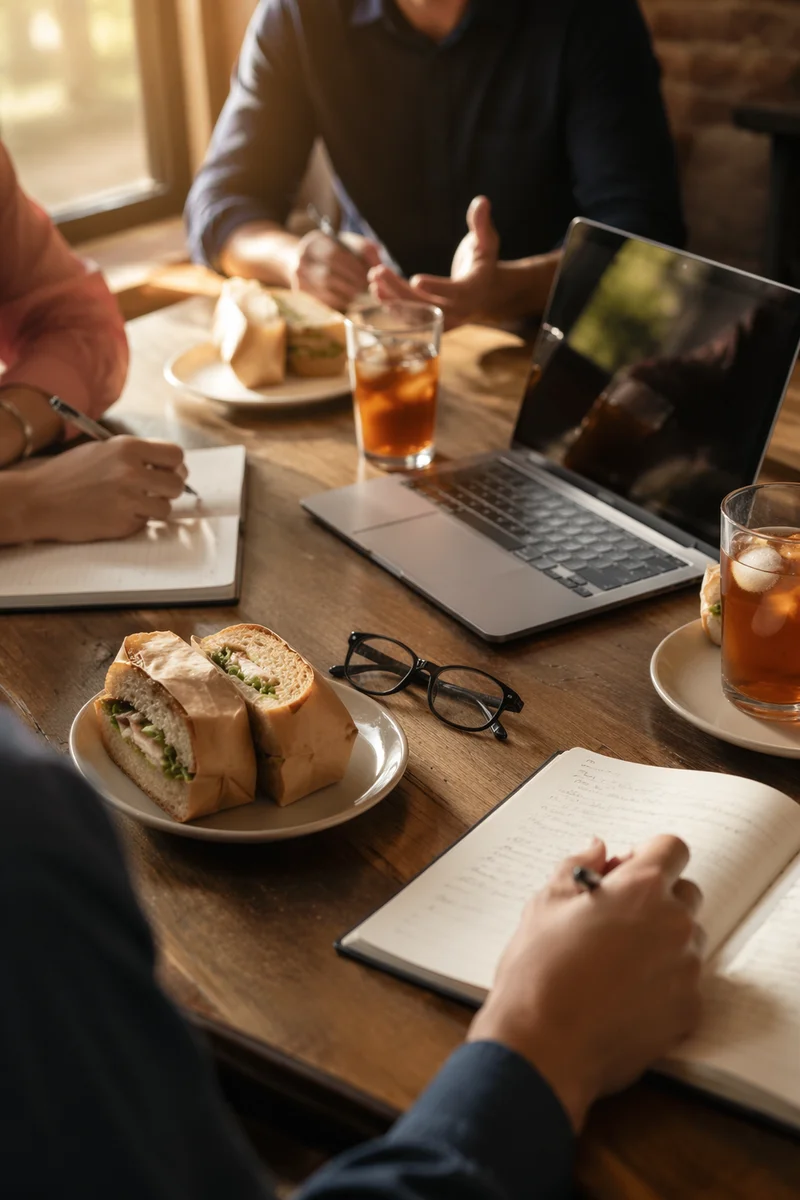 Collaborative Business Lunch Meeting with Sandwiches