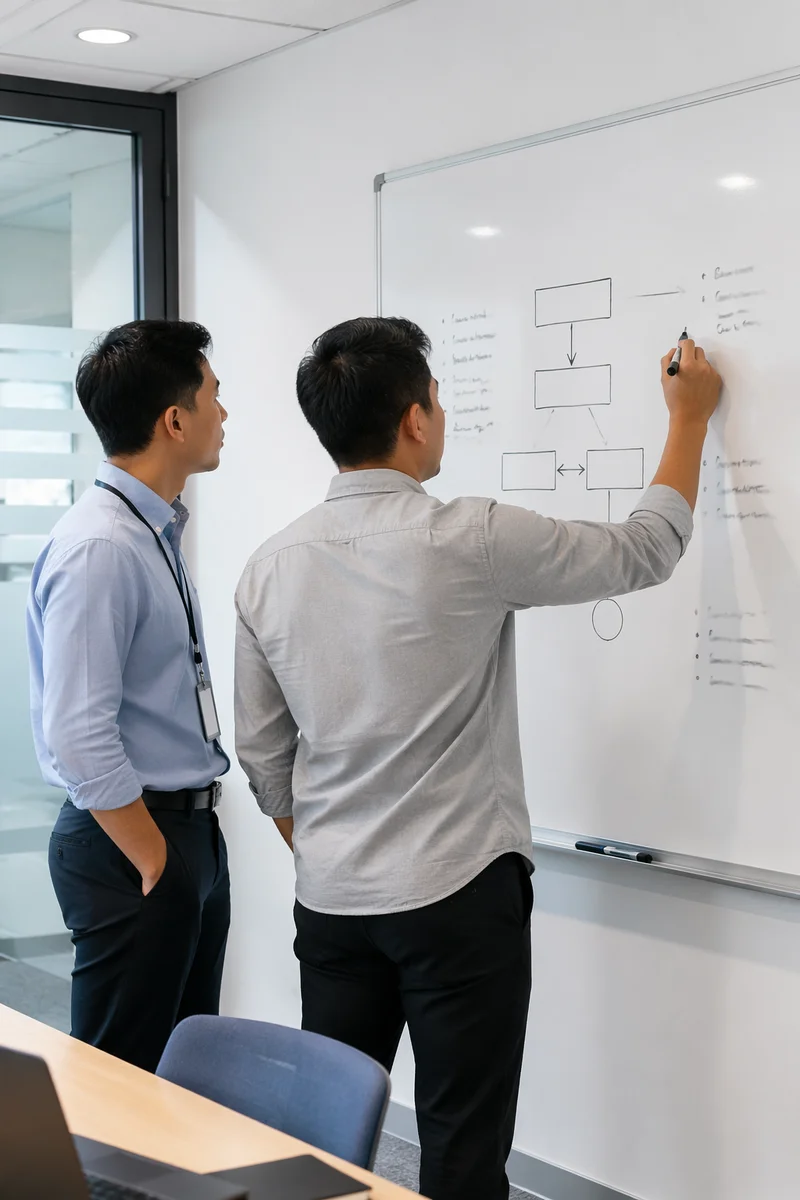 Business Team Brainstorming at Whiteboard