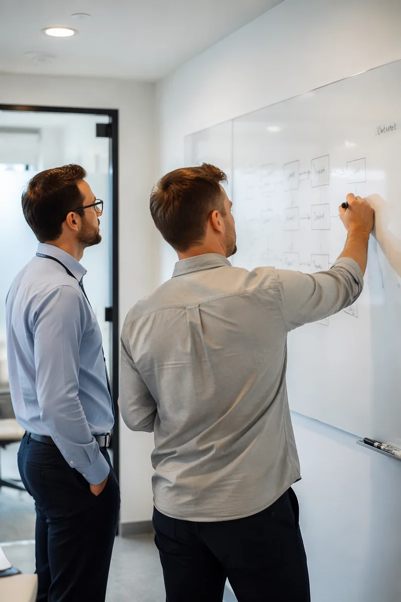 Business Team Brainstorming at Office Whiteboard
