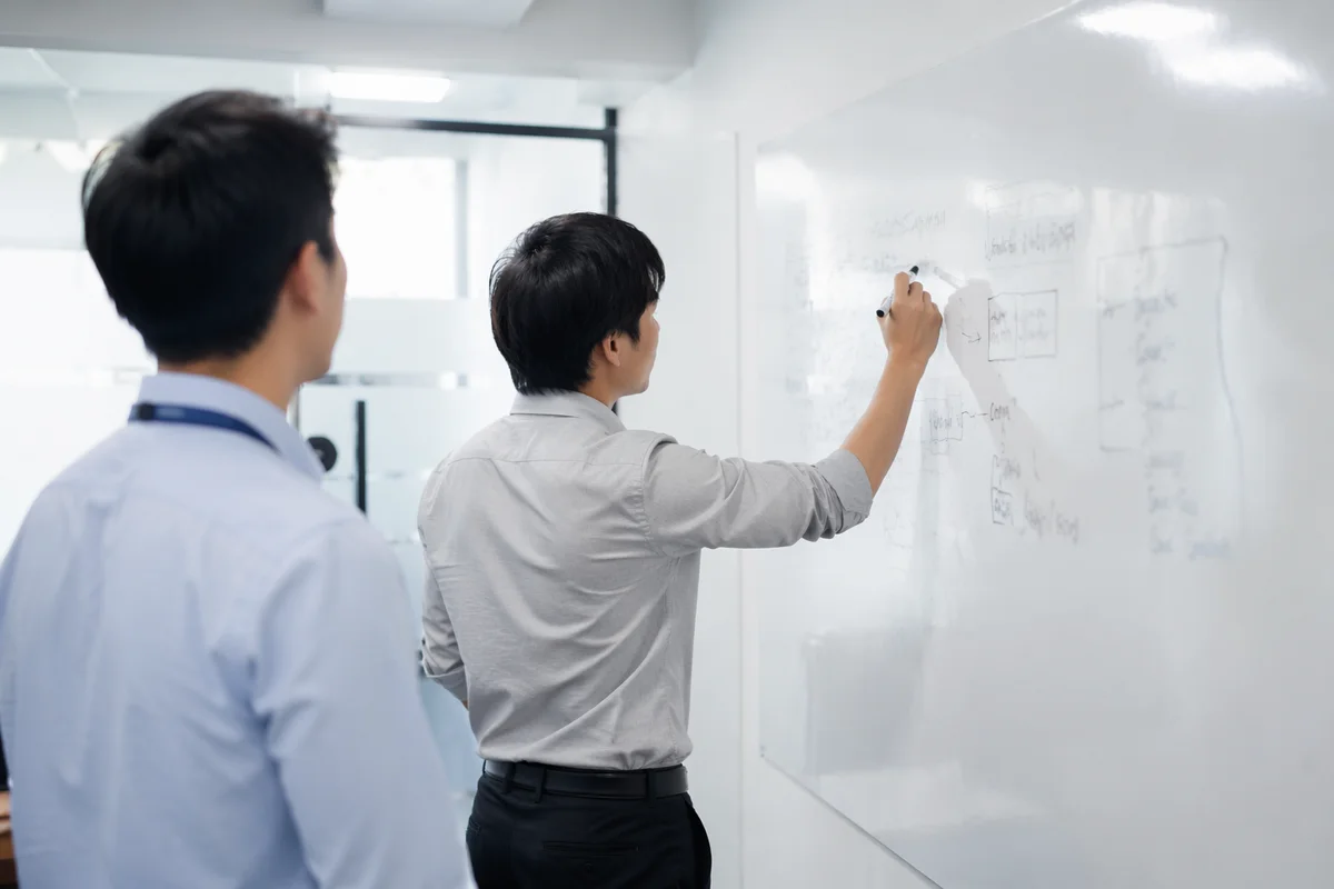Office Team Brainstorming at Whiteboard