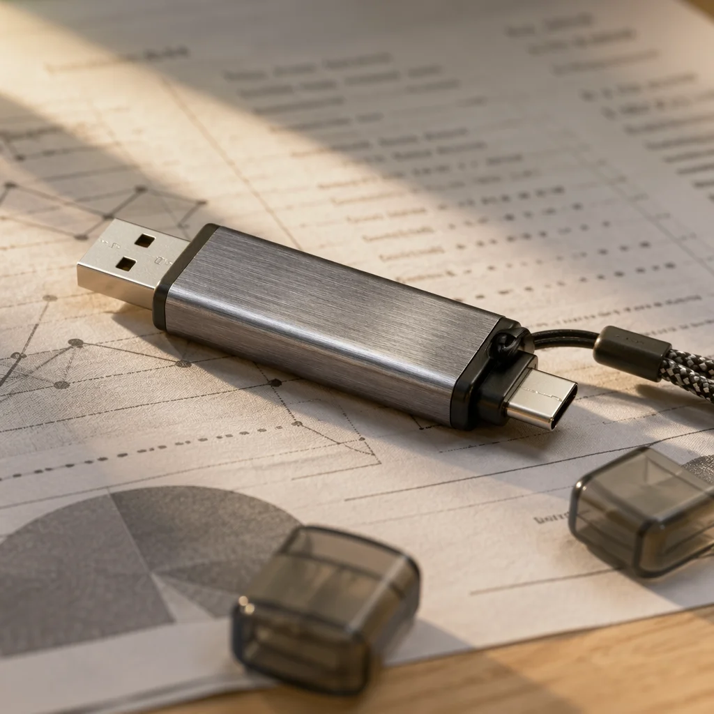 USB Drive on Sunlit Office Documents