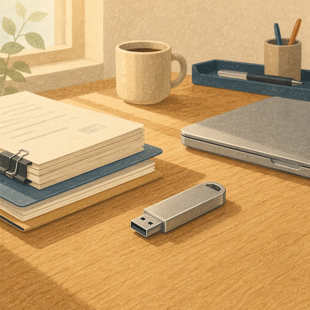 USB Drive and Office Documents on Desk