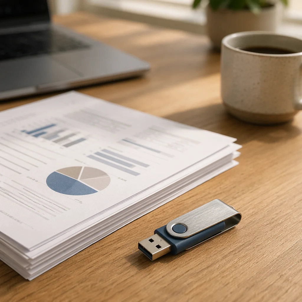 USB Drive and Documents Desk Workspace