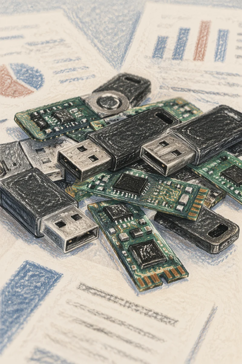 USB Drives and Circuit Boards on Office Desk