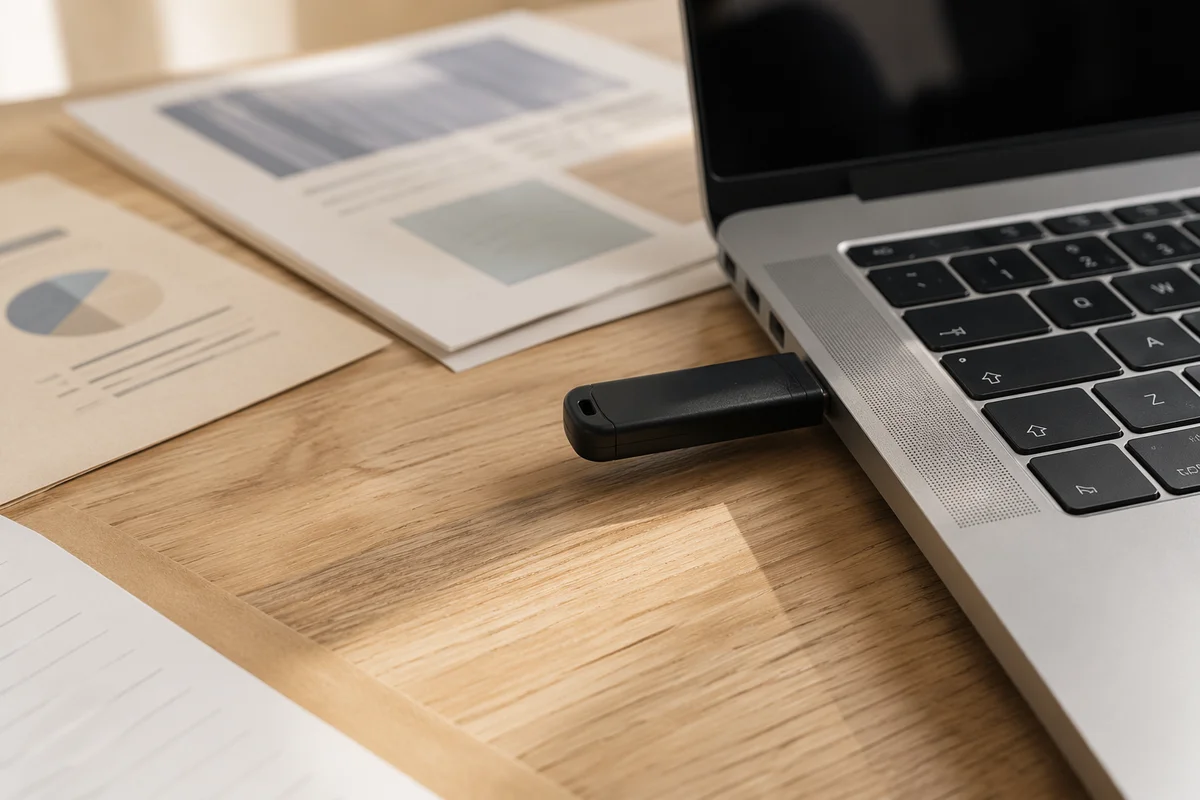 USB Drive in Laptop on Office Desk
