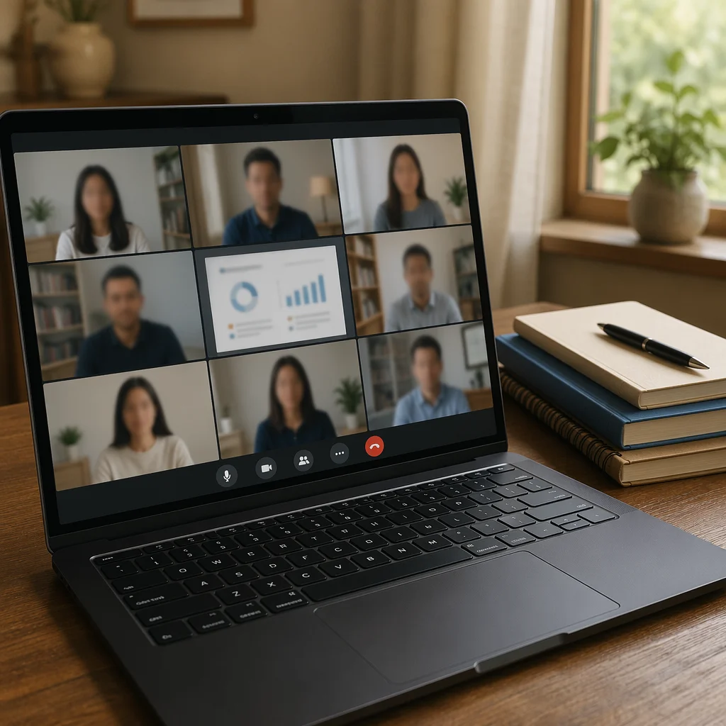Laptop Video Conference on Wooden Desk