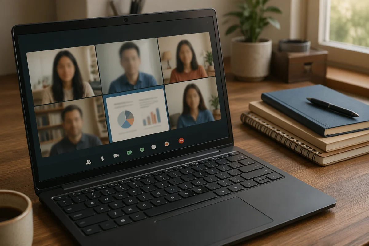 Laptop Video Conference on Wooden Desk