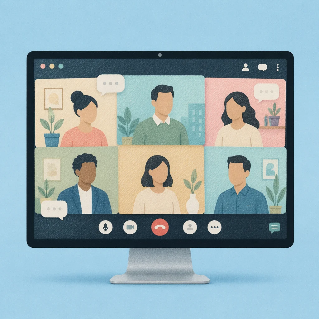 Pastel Video Conference Meeting on Desktop Monitor