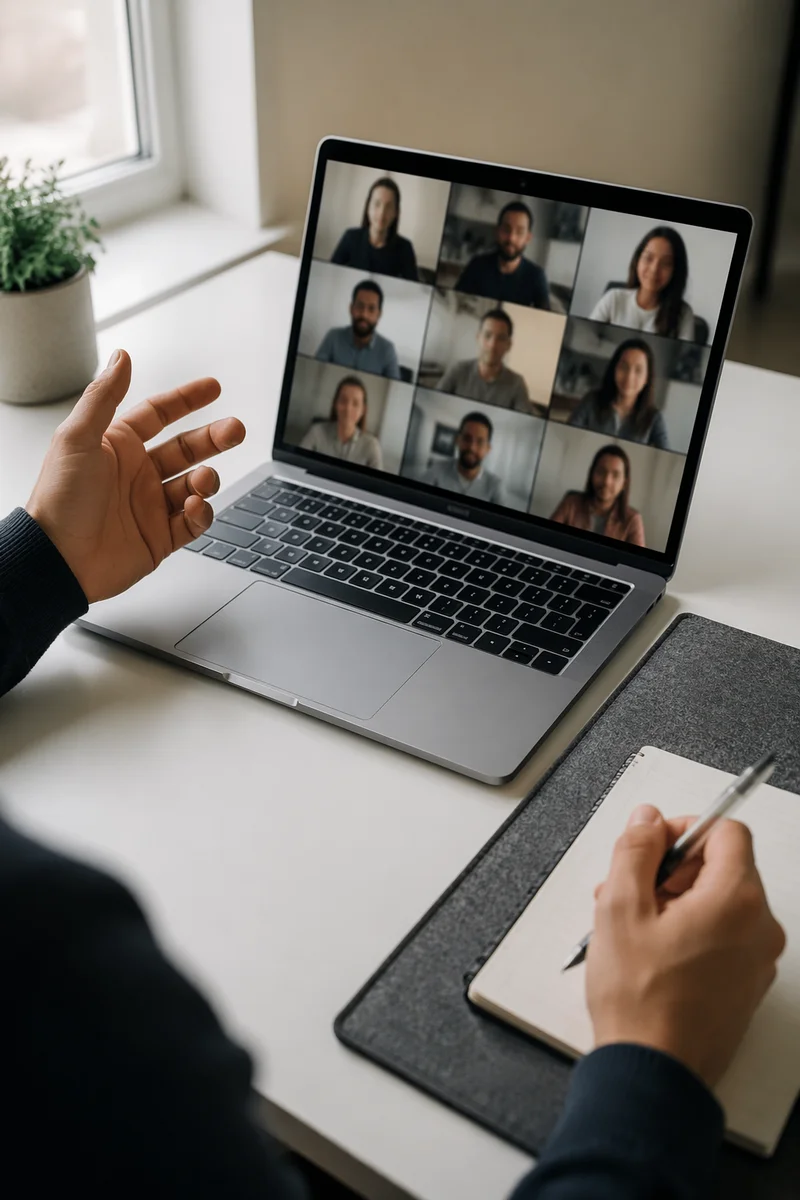 Remote Video Conference Meeting on Laptop Desk