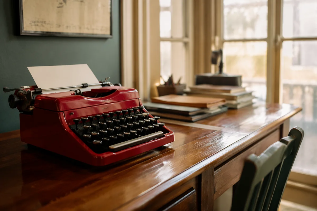 Vintage Red Typewriter on Wooden Desk