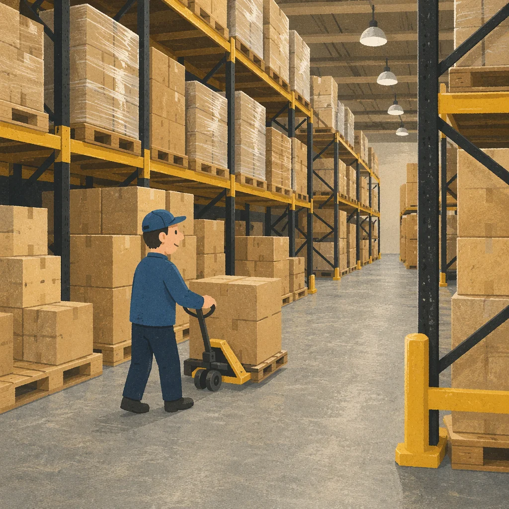 Organized Warehouse Aisle with Shipping Boxes