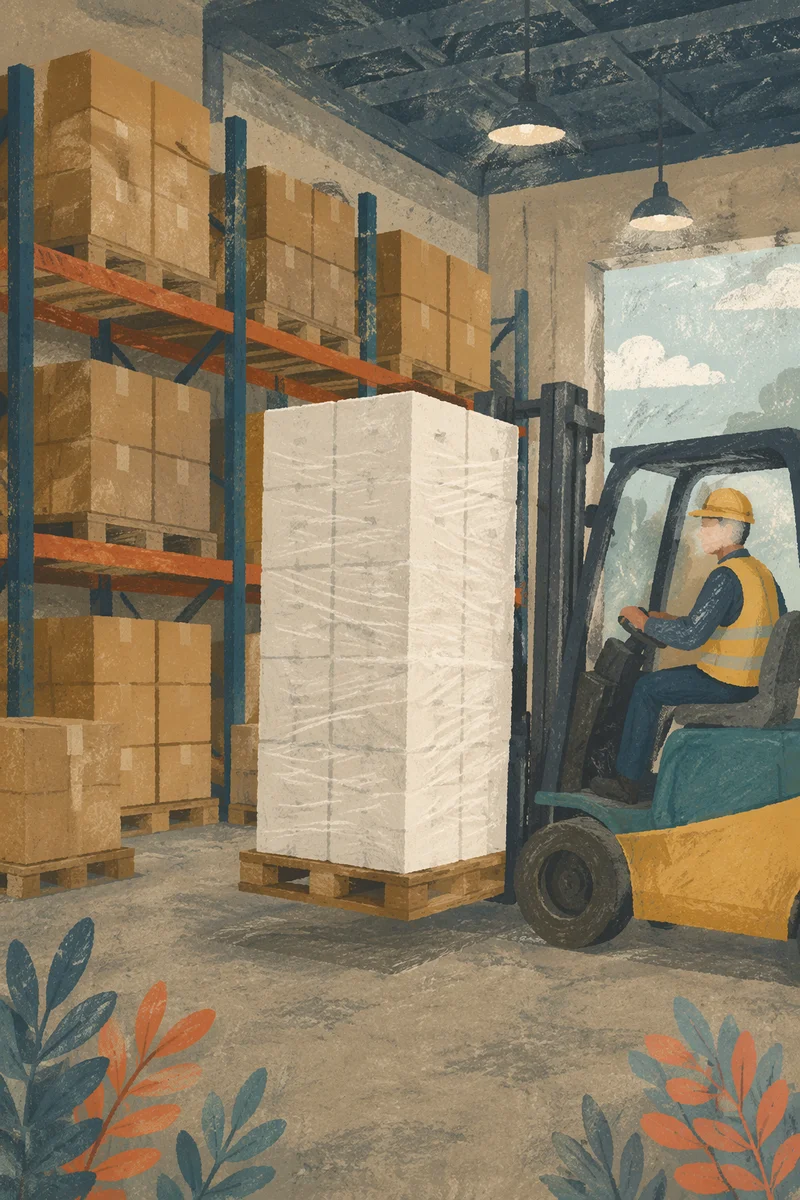 Warehouse Forklift Moving Wrapped Shipping Pallet