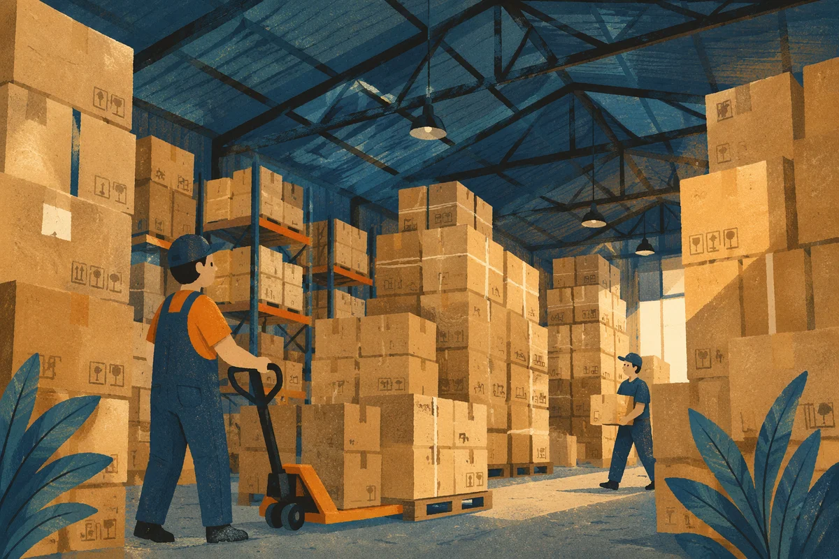 Warehouse Shipping Boxes Under Blue Steel Roof