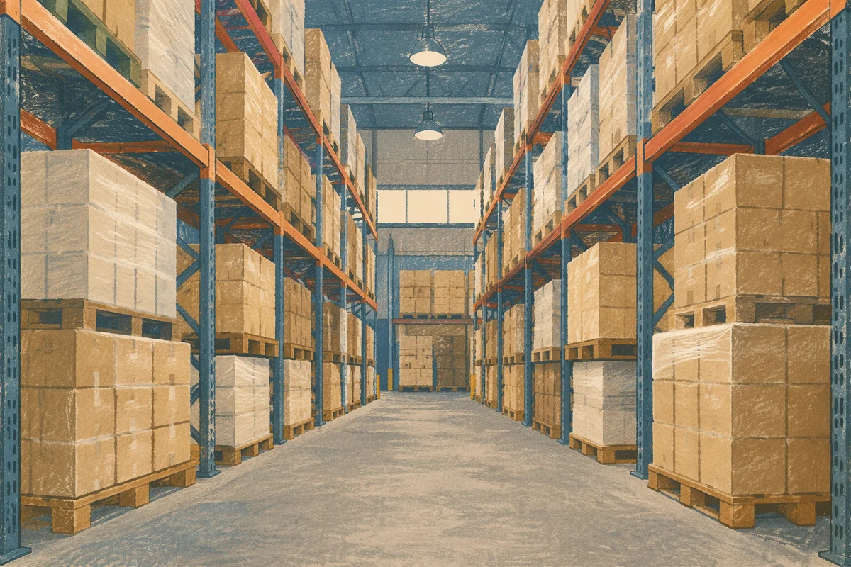 Warehouse Aisle with Shipping Boxes and Pallets