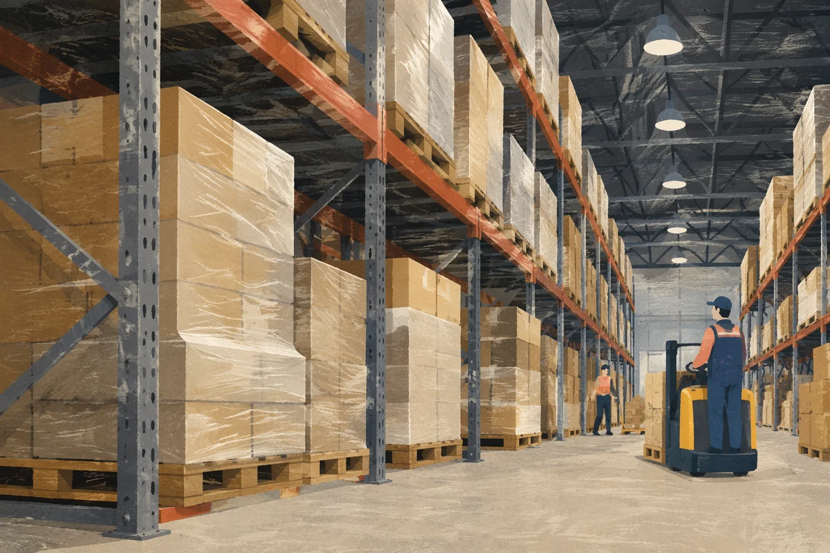 Orderly Warehouse Aisle with Shipping Boxes