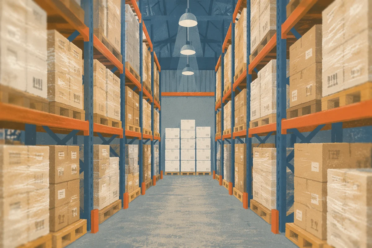 Warehouse Aisle with Shipping Boxes