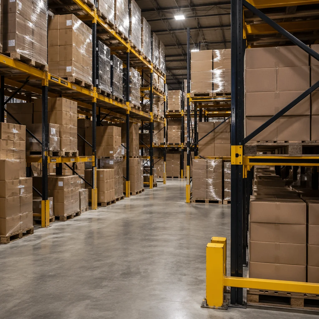 Organized Warehouse Aisle With Shipping Boxes