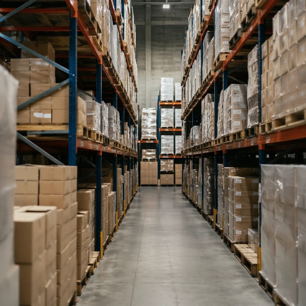 Warehouse Aisle with Shipping Boxes