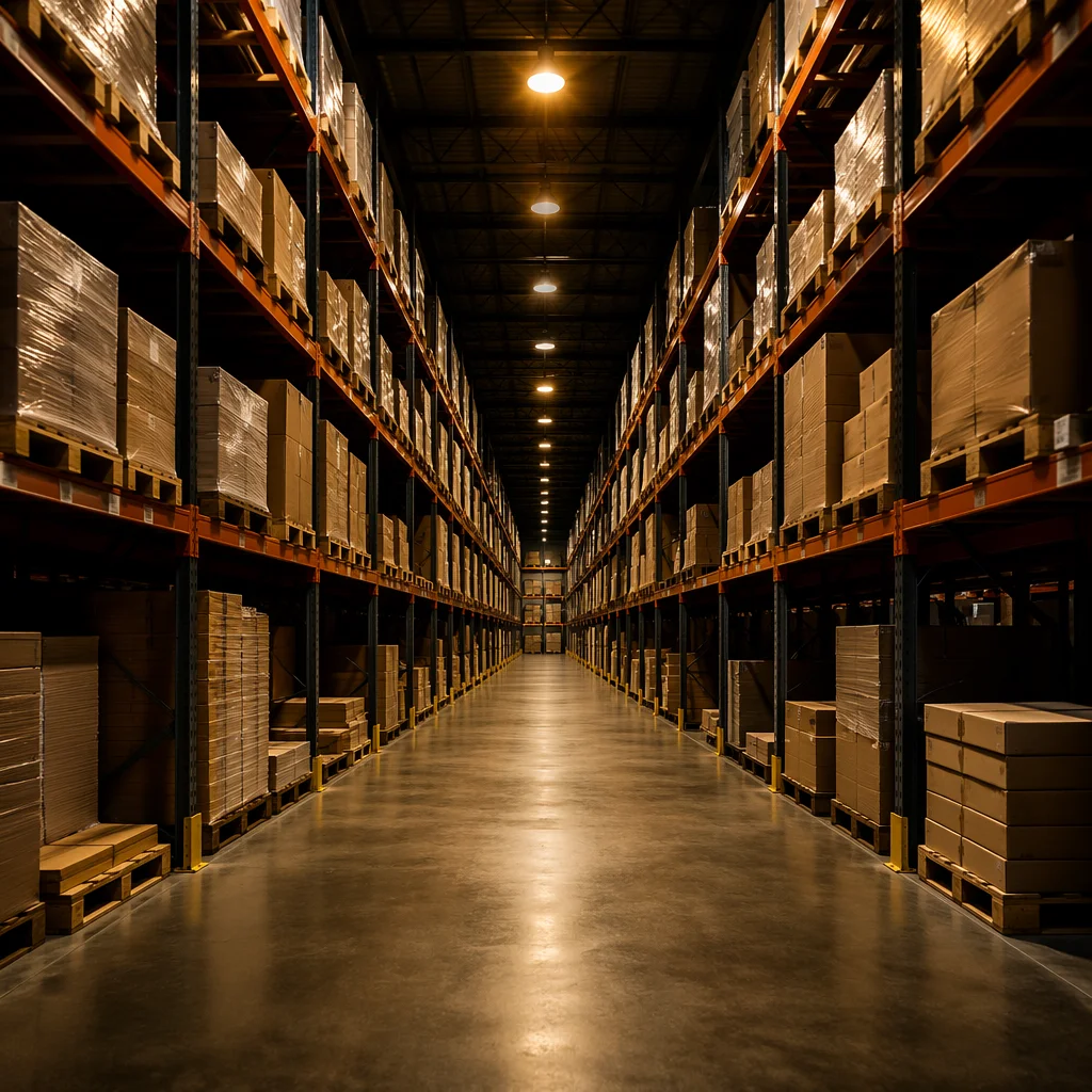 Organized Warehouse Aisle with Shipping Boxes