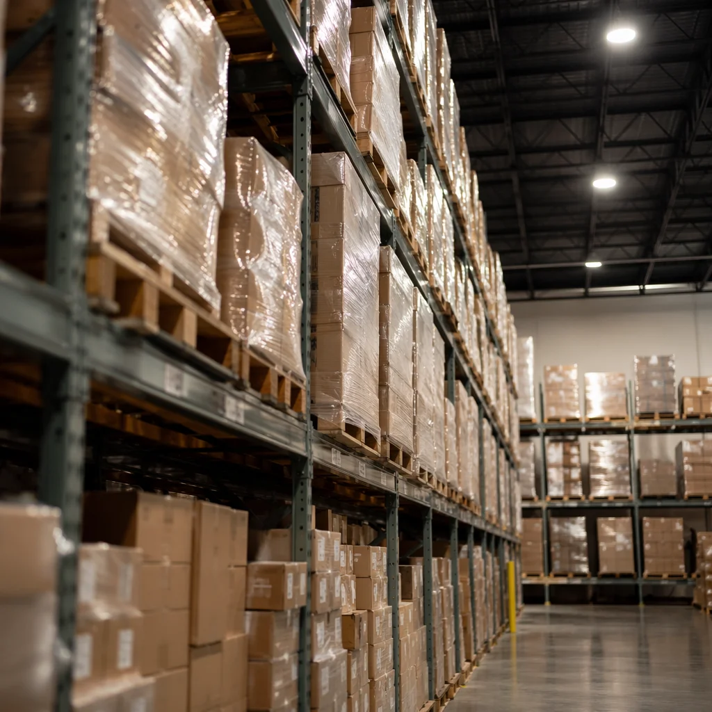 Modern Warehouse Aisle with Shipping Boxes