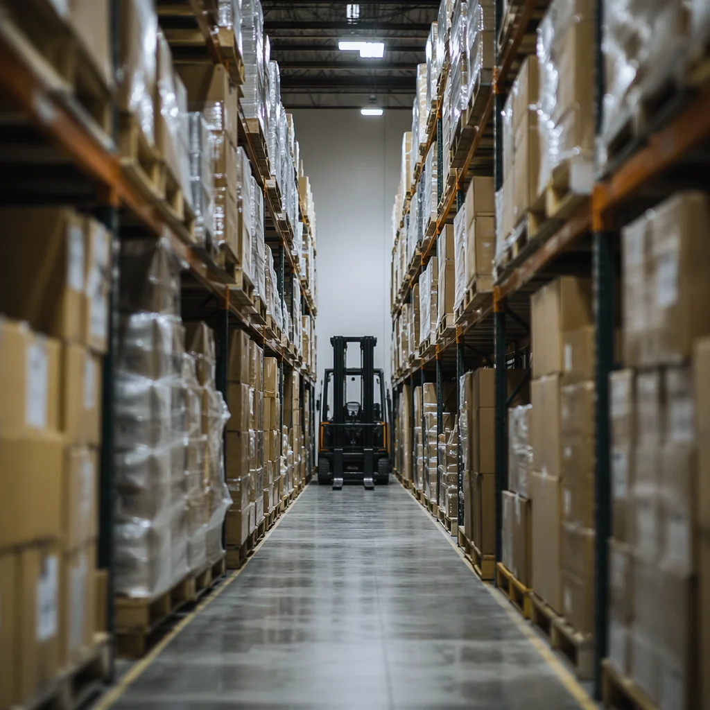 Quiet Warehouse Aisle with Forklift and Boxes