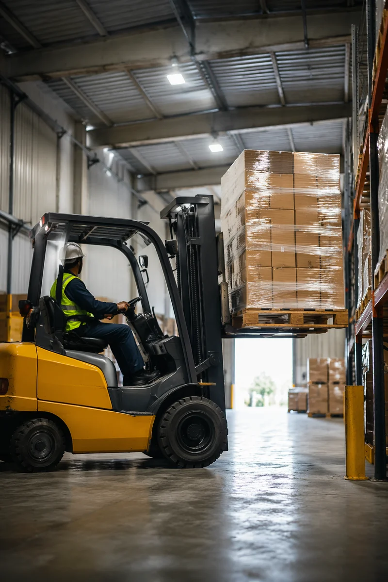 Busy Warehouse Forklift Moving Shipping Boxes