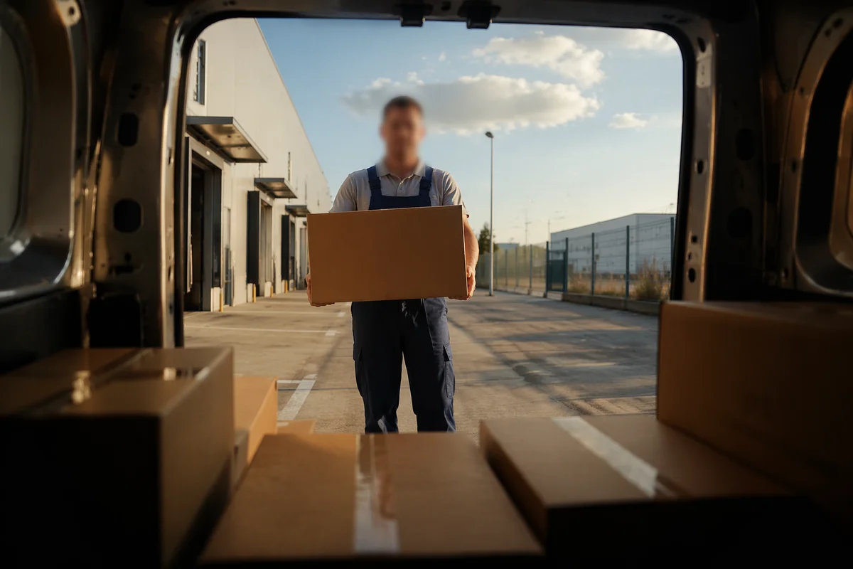 Warehouse Worker Loading Shipping Boxes at Van