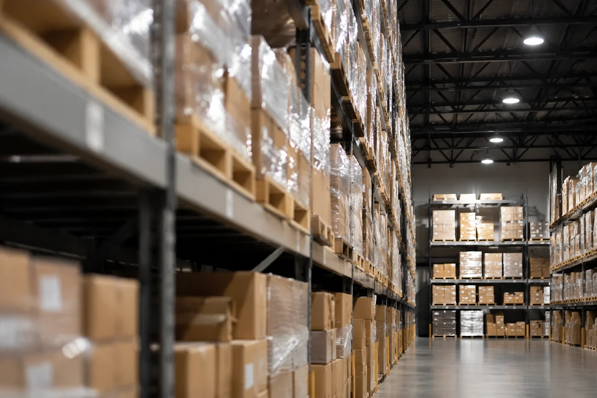 Warehouse Logistics Aisle with Shipping Boxes