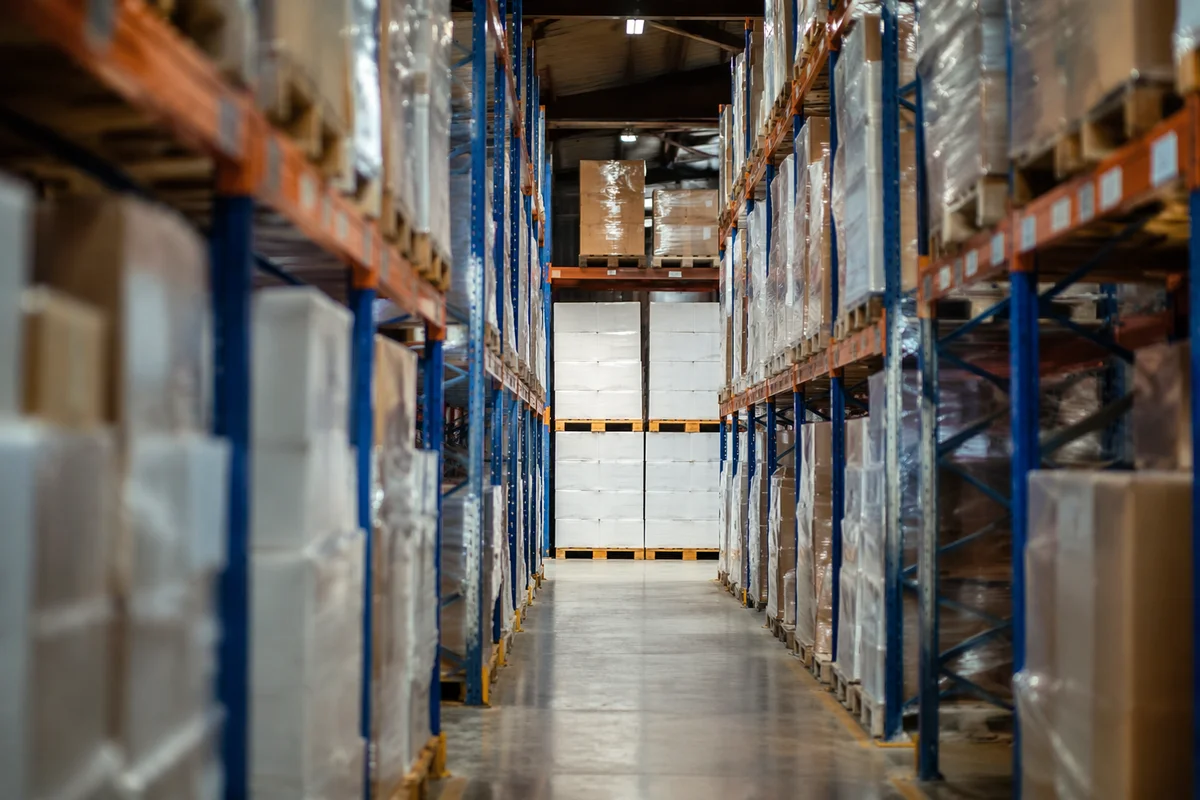 Photorealistic Warehouse Aisle With Shipping Boxes