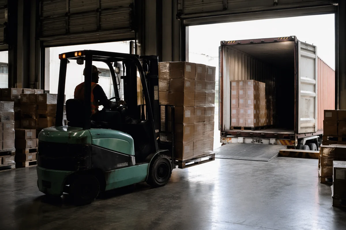 Forklift Moving Shipping Boxes at Loading Dock