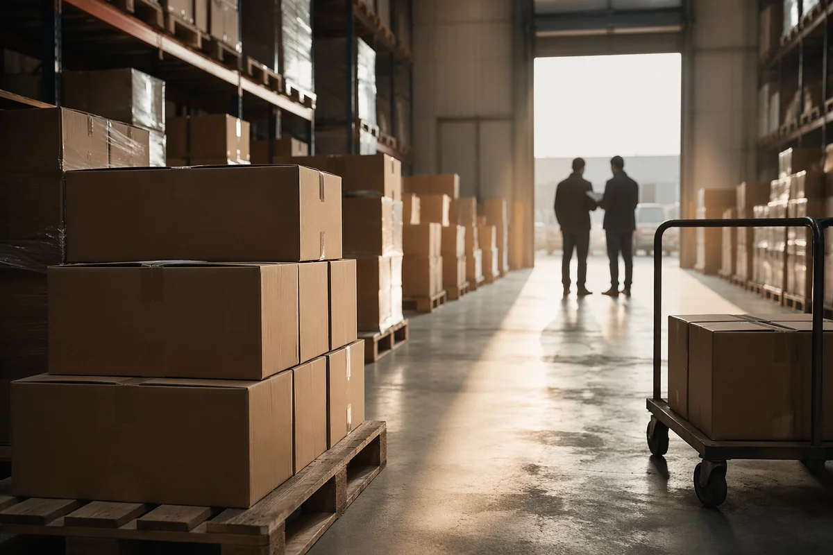 Organized Warehouse Shipping Boxes at Sunrise