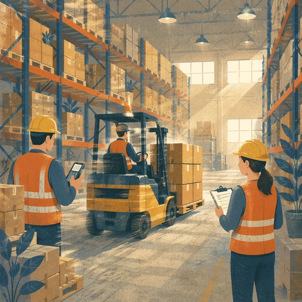 Warehouse Workers and Forklift Shipping Boxes
