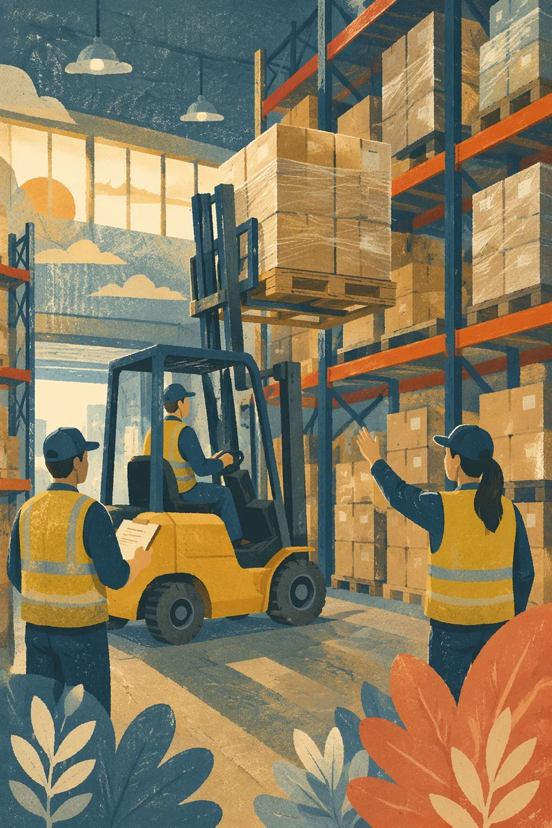 Warehouse Forklift Moving Shipping Boxes at Sunrise