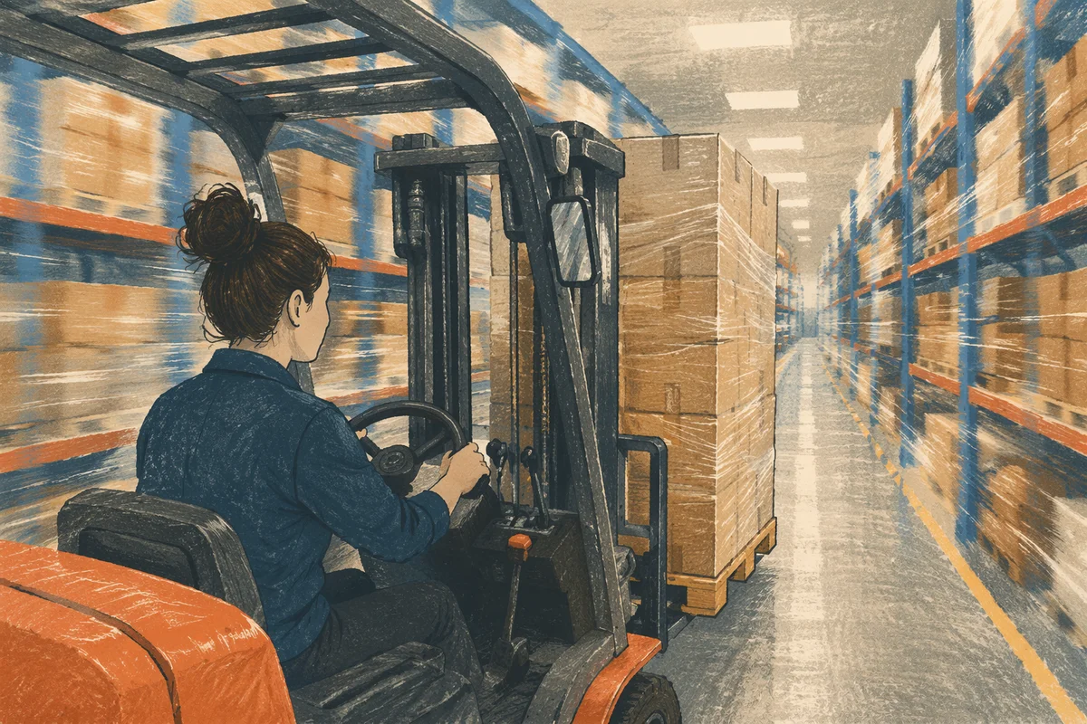Forklift Operator Moving Boxes in Warehouse