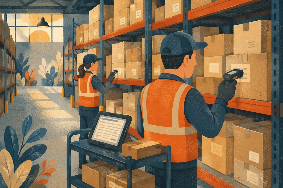Warehouse Workers Scanning Inventory in Morning Light