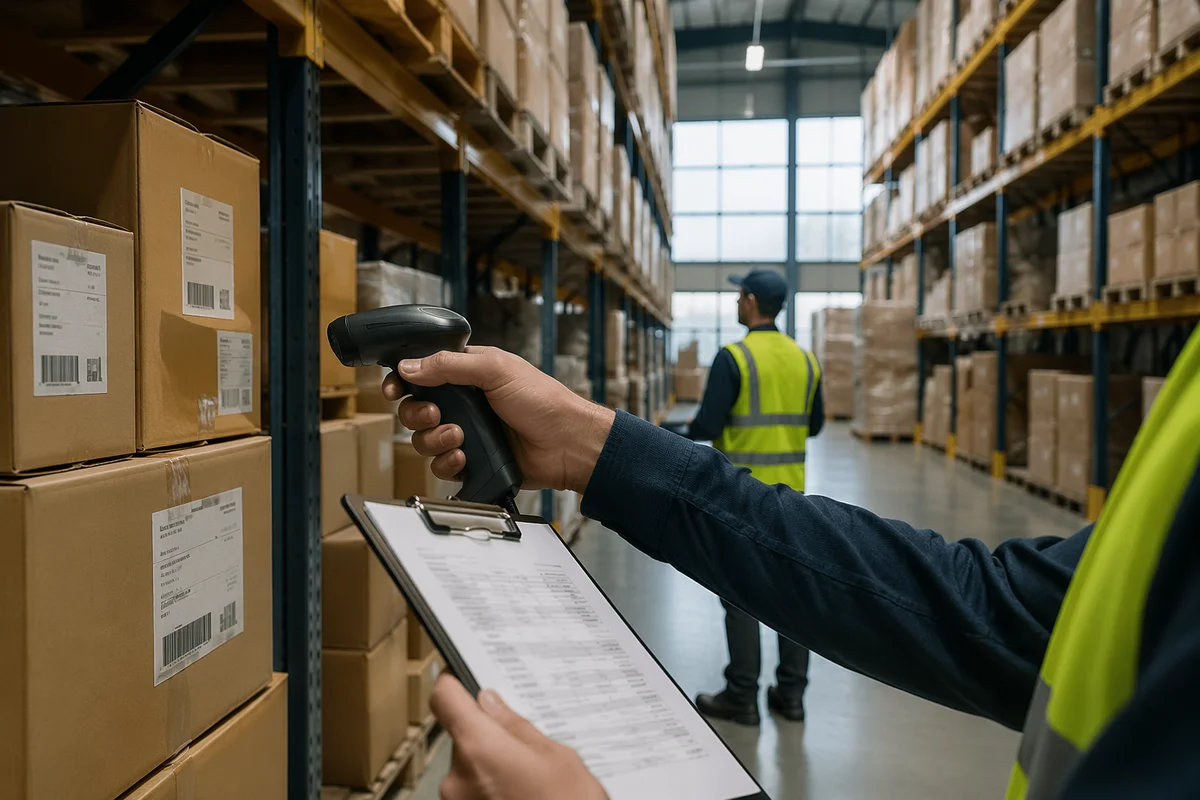 Warehouse Inventory Workers Scanning Logistics Boxes