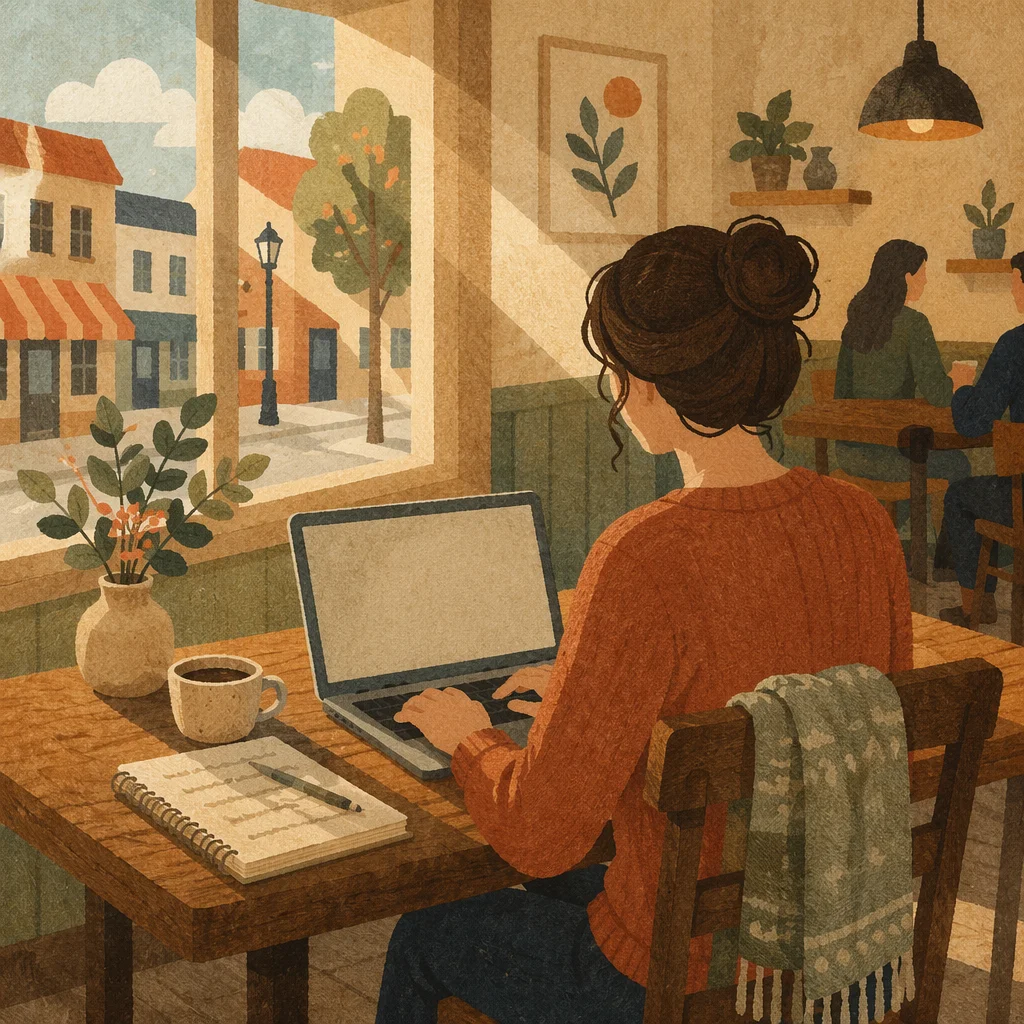 Woman Working on Laptop in Cozy Cafe