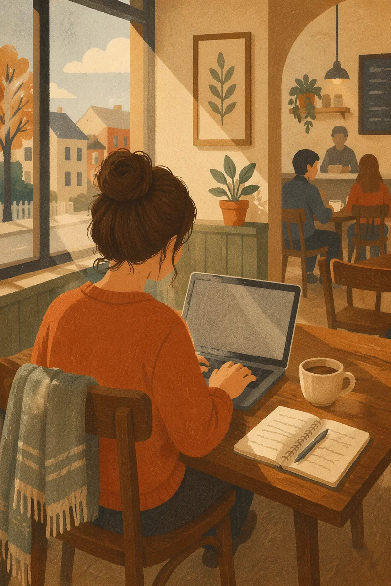 Woman Working on Laptop in Cafe
