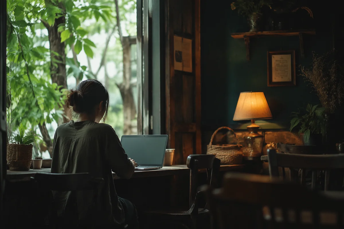 Woman Working Remotely in Cozy Cafe