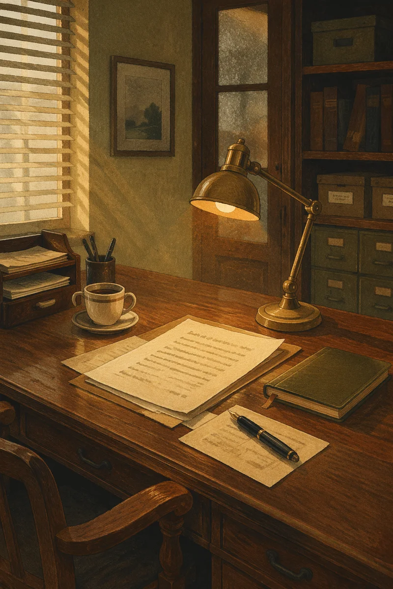 Vintage Wooden Desk with Brass Lamp